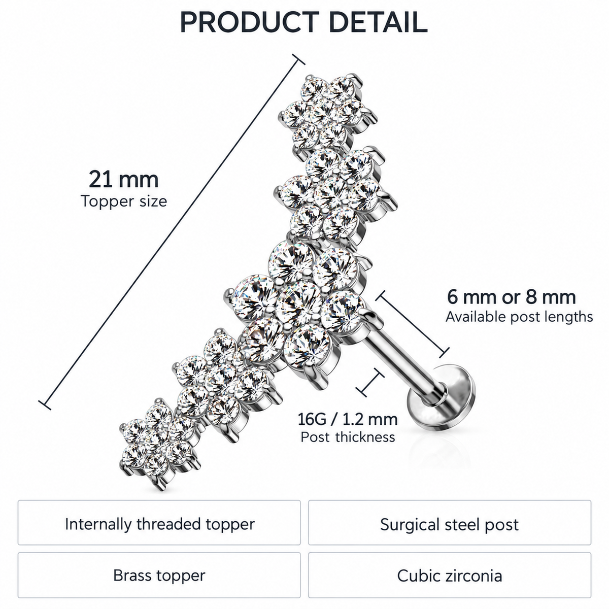 Product detail diagram of a silver-toned labret stud with a cluster of clear cubic zirconia stones and a brass-toned ball end, showing measurements for topper size, post length, and post thickness with text labels on a white background.