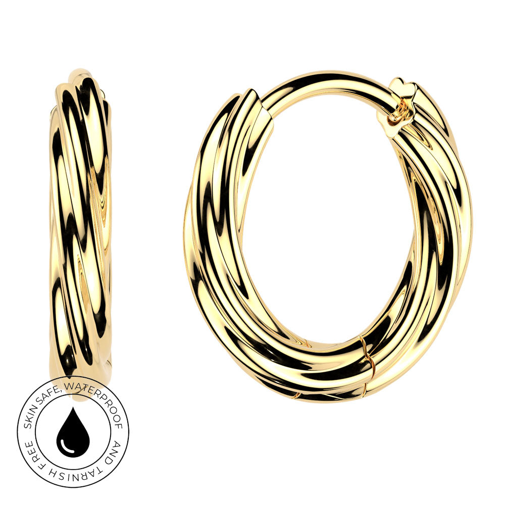 A pair of gold huggie hoop earrings with a twisted rope design, shown from both front and side angles on a white background. A circular badge on the bottom left indicates skin-safe, waterproof, and tarnish-free.