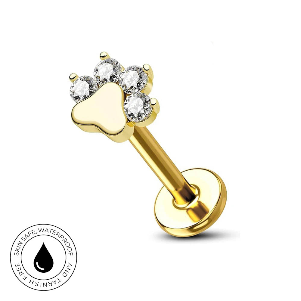 Gold-tone curved barbell stud piercing jewelry with a paw print design set with clear gemstones, shown on a white background with a circular skin-safe waterproof badge.