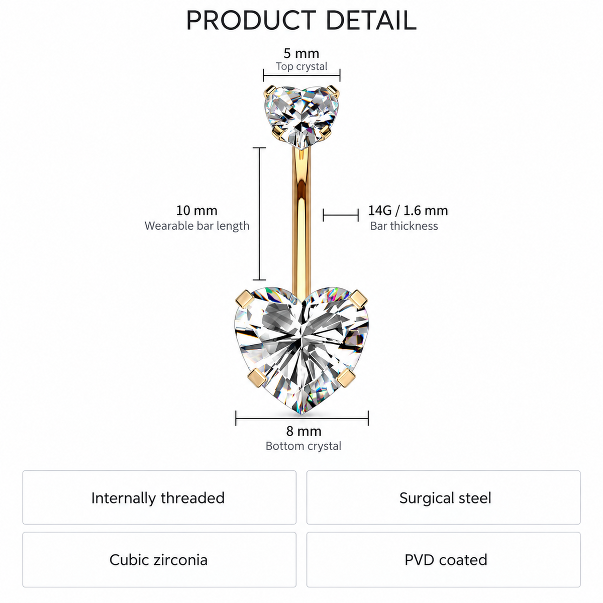 14 Gauge Hypoallergenic Crystal Heart Belly Bar diagram