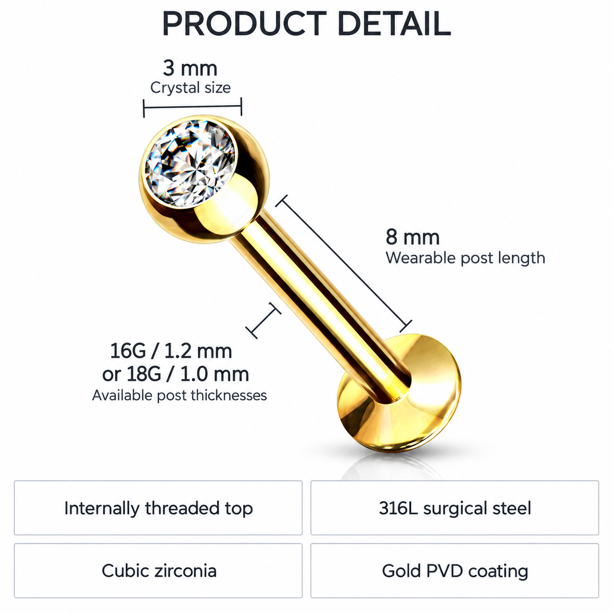 Product detail graphic for a gold barbell stud piercing with a cubic zirconia crystal, showing dimensions, material specs, and features on a white background.