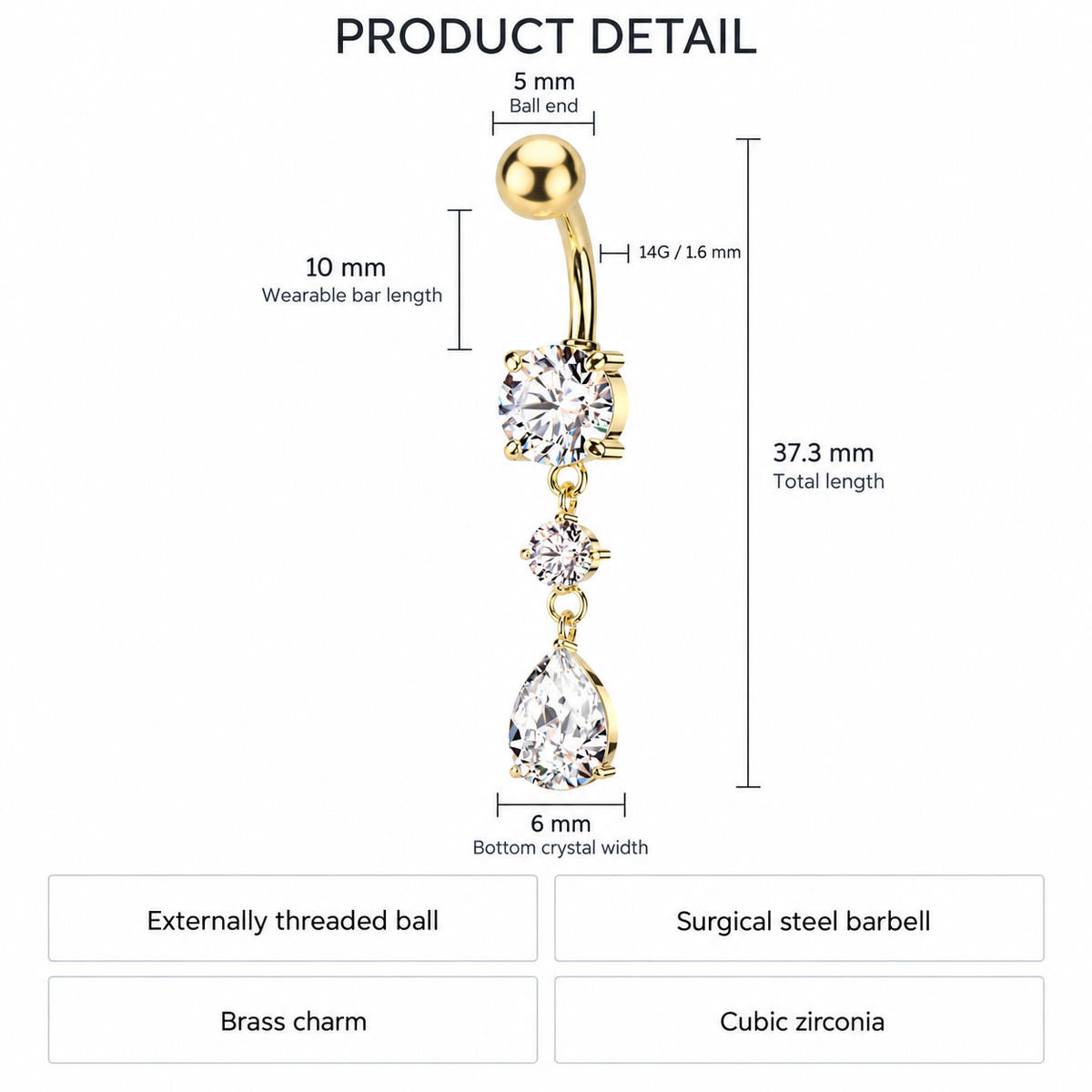 14 Gauge Double Dangling Crystal Teardrop Belly Bar - Gold