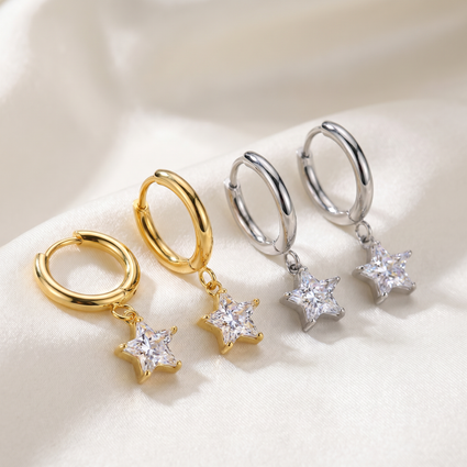Hypoallergenic Crystal Star Hinged Hoop Earrings