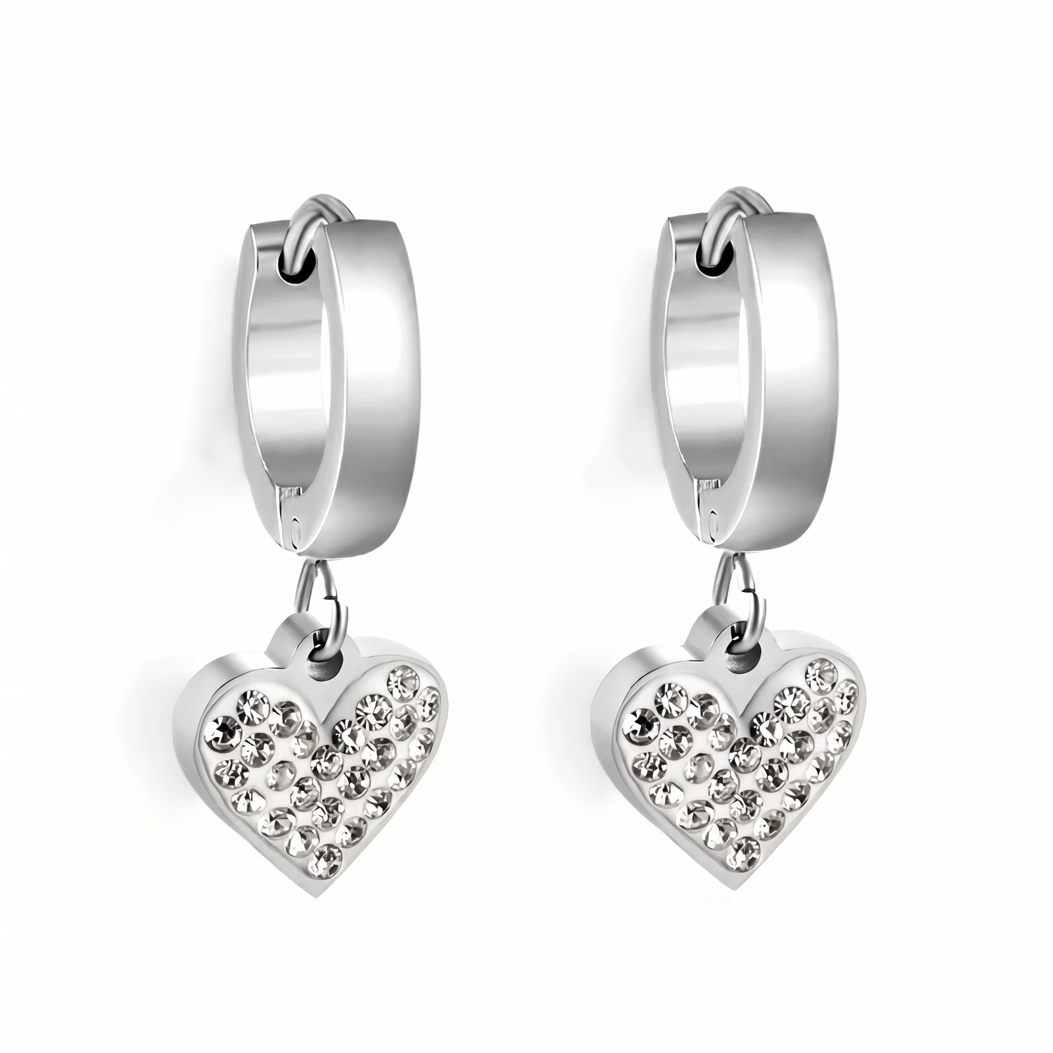 Hypoallergenic Dangling Crystal Heart Huggie Hoop Earrings
