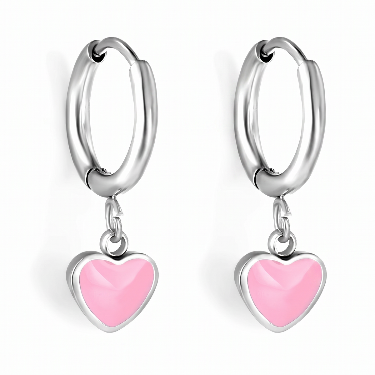 Hypoallergenic Pink Heart Hinged Hoop Earrings