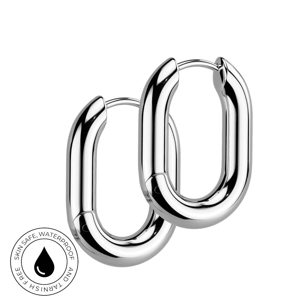 Two polished silver hoop earrings overlapping on a white background, with a circular skin-safe waterproof badge in the lower-left corner.