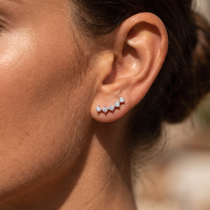 A close-up of a woman's ear wearing a small cluster of silver stud earrings with clear stones, set against a softly blurred warm-toned background.