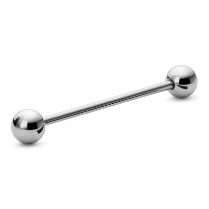 A polished stainless steel labret barbell with spherical ball ends, shown diagonally on a clean white background.