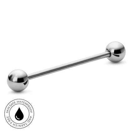 A polished stainless steel labret piercing barbell with spherical ball ends, shown on a clean white background with a circular 'Skin Safe Waterproof' certification badge in the bottom-left corner.