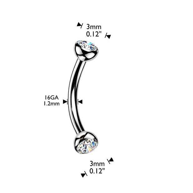 16 Gauge Titanium Curved Eyebrow Barbell With Threadless Crystal Ends