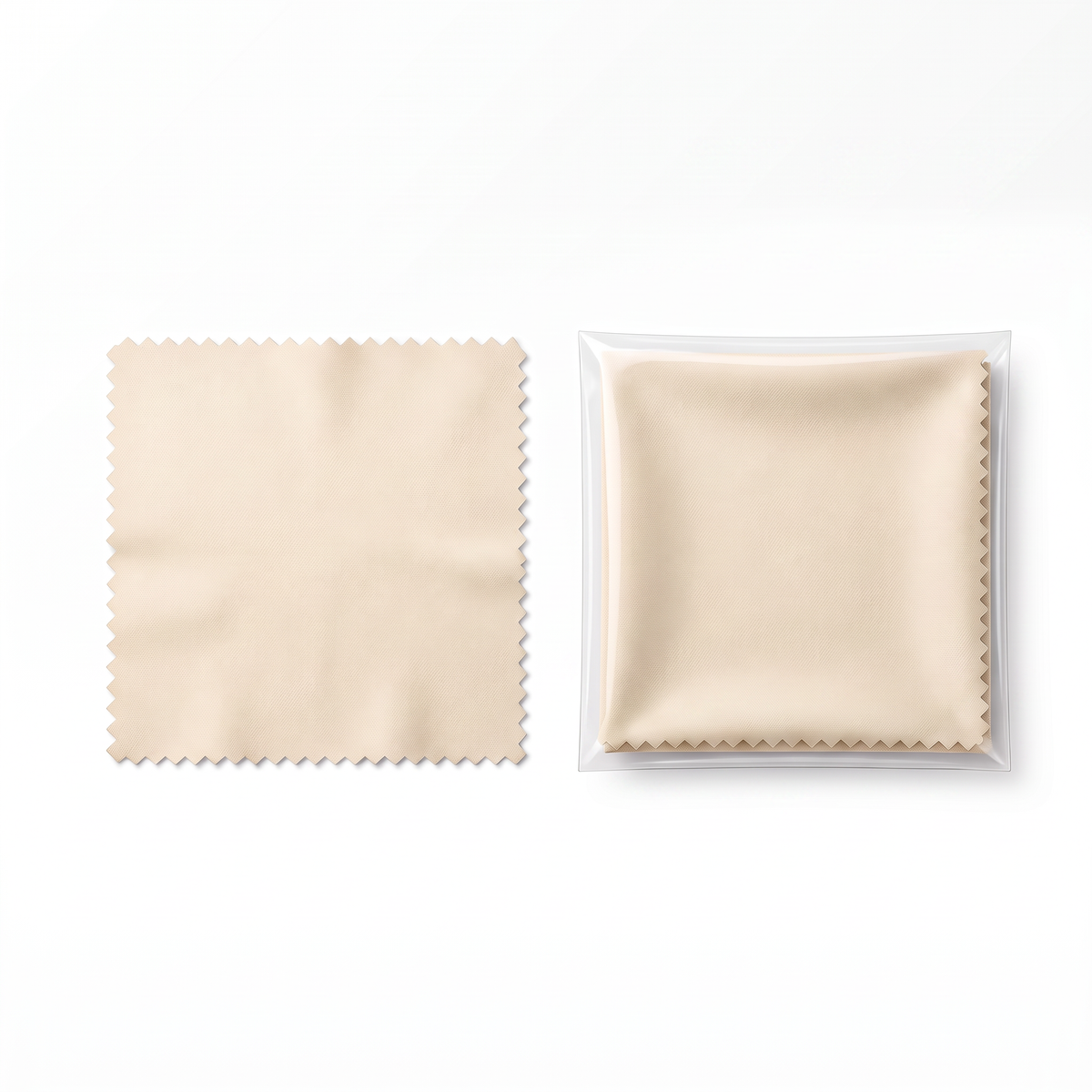 A light beige microfiber cleaning cloth with serrated edges shown next to its clear plastic packaging containing a matching folded cloth, on a solid white background.