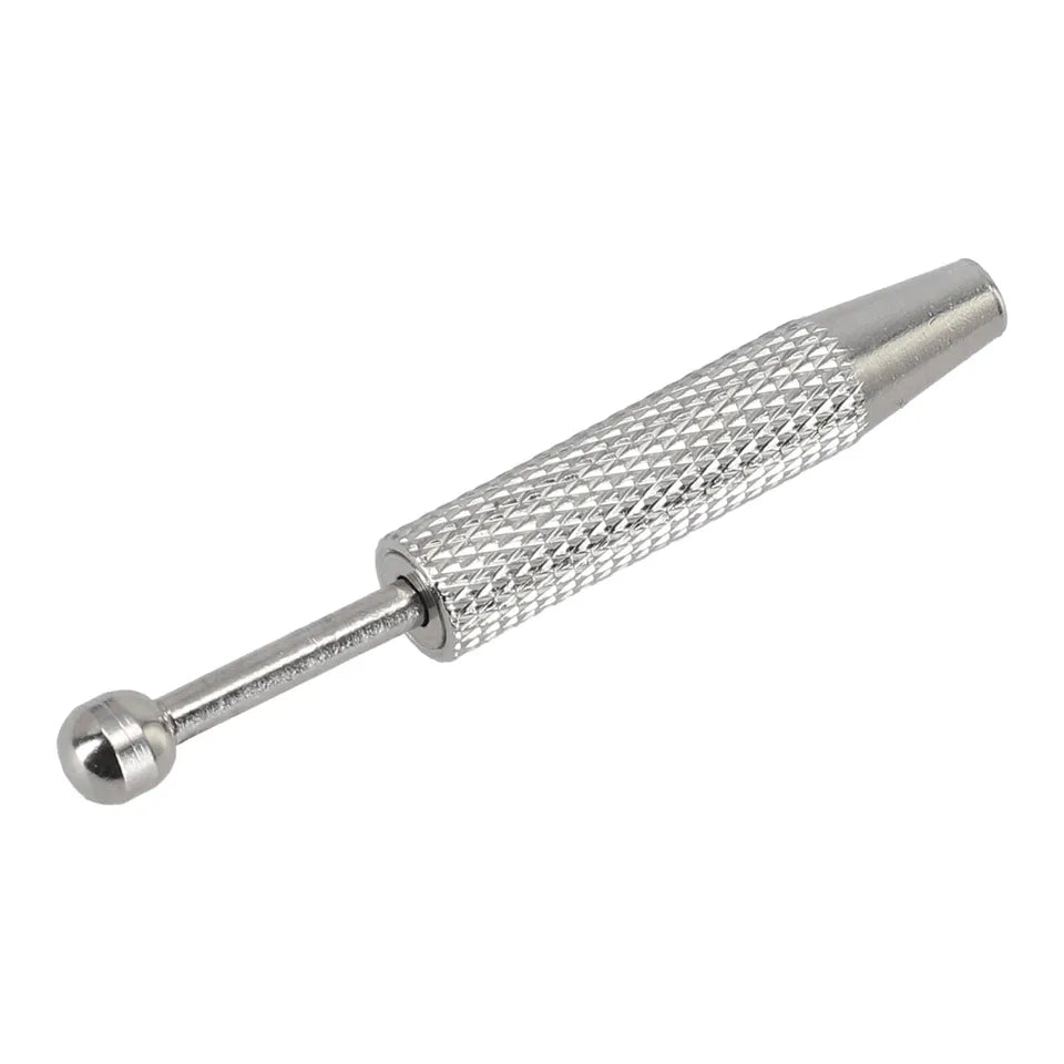 Metal ball grabber tool with textured grip on a white background