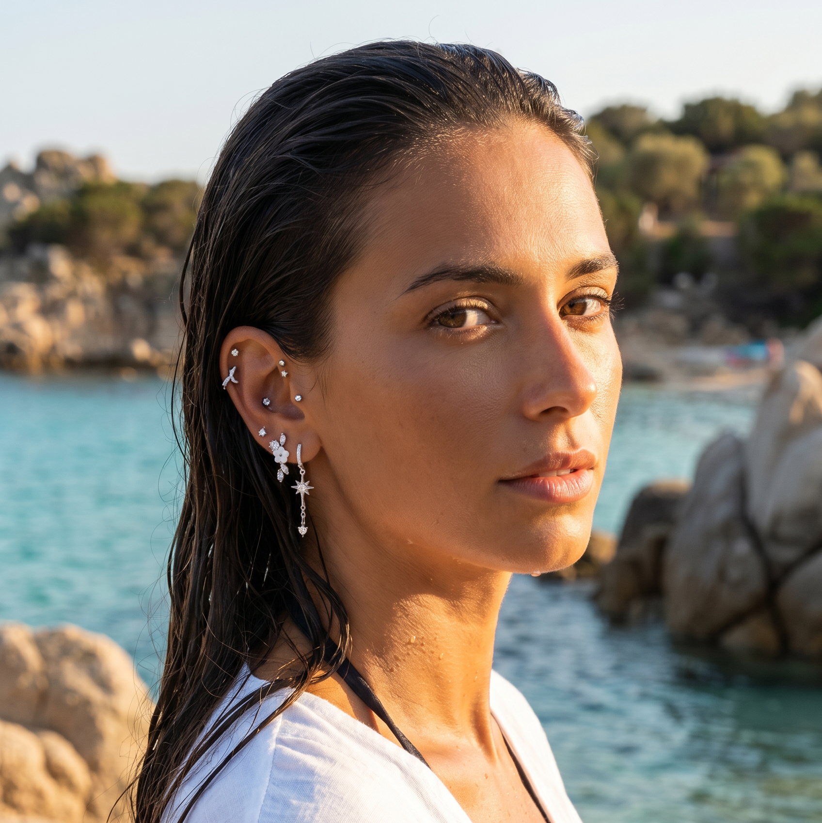 A woman with wet dark hair is shown in profile outdoors near the sea, wearing multiple ear piercings and dangling star-shaped earrings. The background features a rocky coastline and turquoise water.