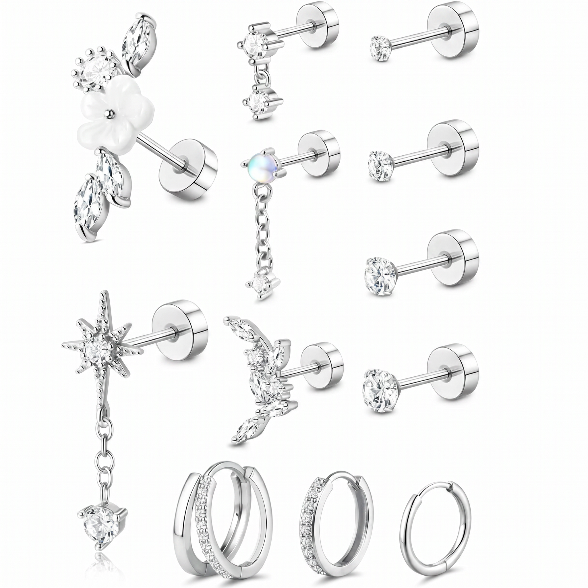 A set of silver-toned ear piercings and hoop earrings displayed on a clean white background. The collection includes floral stud earrings, dangling star and fairy charms, multiple straight barbell studs with clear stones, and several silver hoop styles, some adorned with small clear crystals.