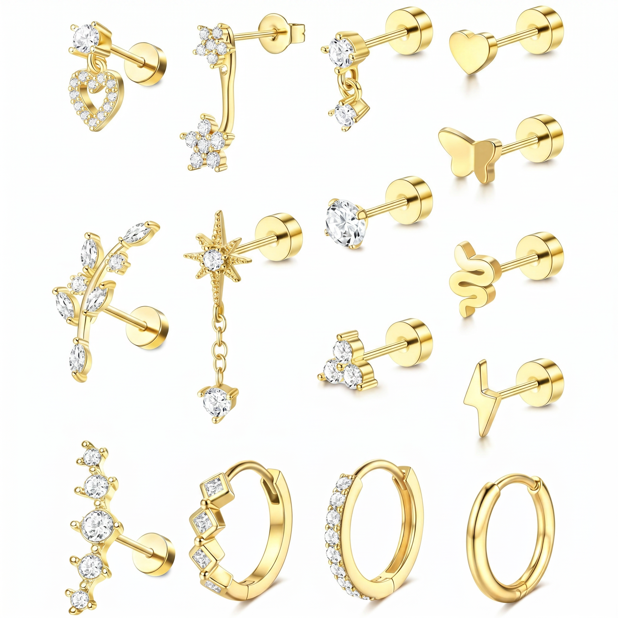 A collection of gold-plated stud earrings and hoop earrings with clear crystals, arranged on a plain white background. The designs include hearts, stars, leaves, snakes, lightning bolts, and huggie hoops.