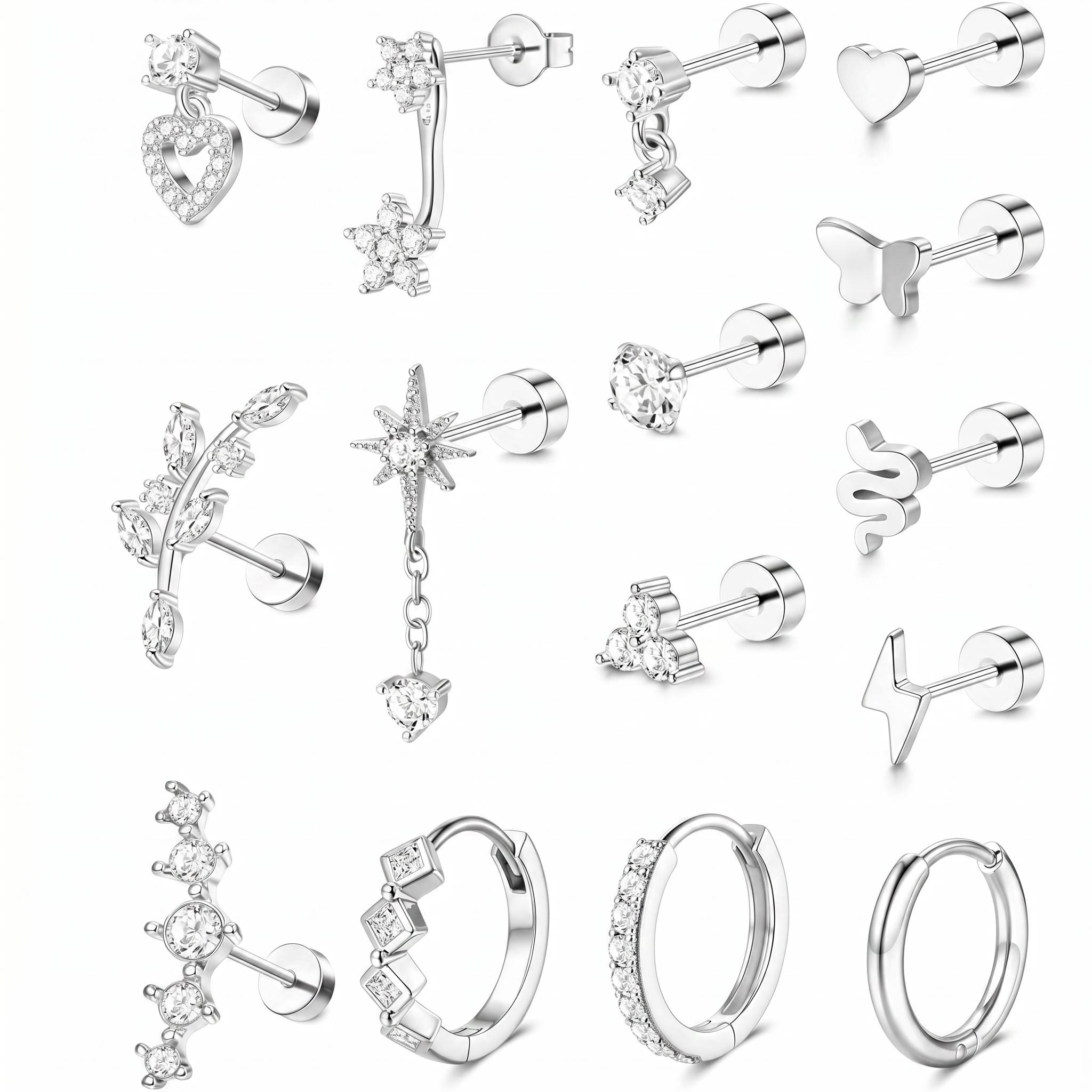 A collection of silver-toned stud earrings and huggie hoop earrings with clear cubic zirconia stones, arranged in a grid on a white background. Designs include heart, star, leaf, and geometric motifs.