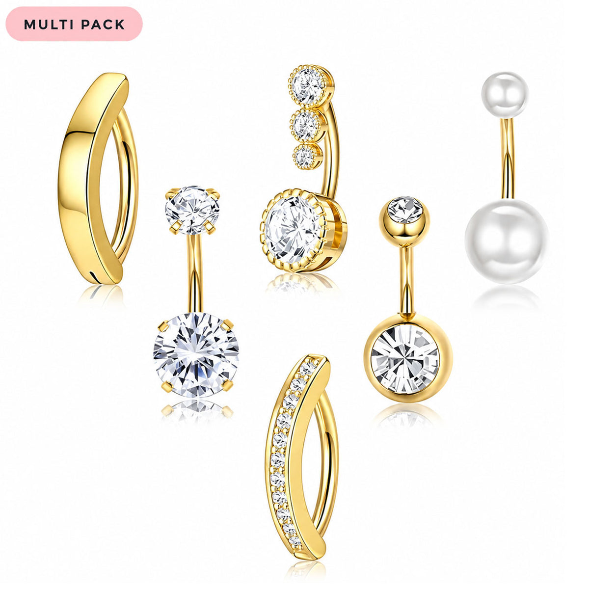 A multi-pack of gold and pearl belly button rings with clear cubic zirconia stones, displayed on a clean white background with a pink 'MULTI PACK' label in the top left corner.