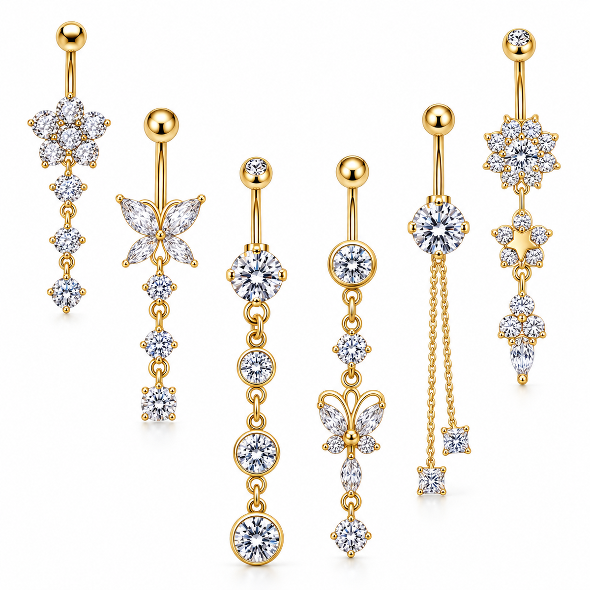 Six gold-plated belly button rings with clear rhinestone and crystal floral, butterfly, and dangling star designs, arranged on a clean white background.