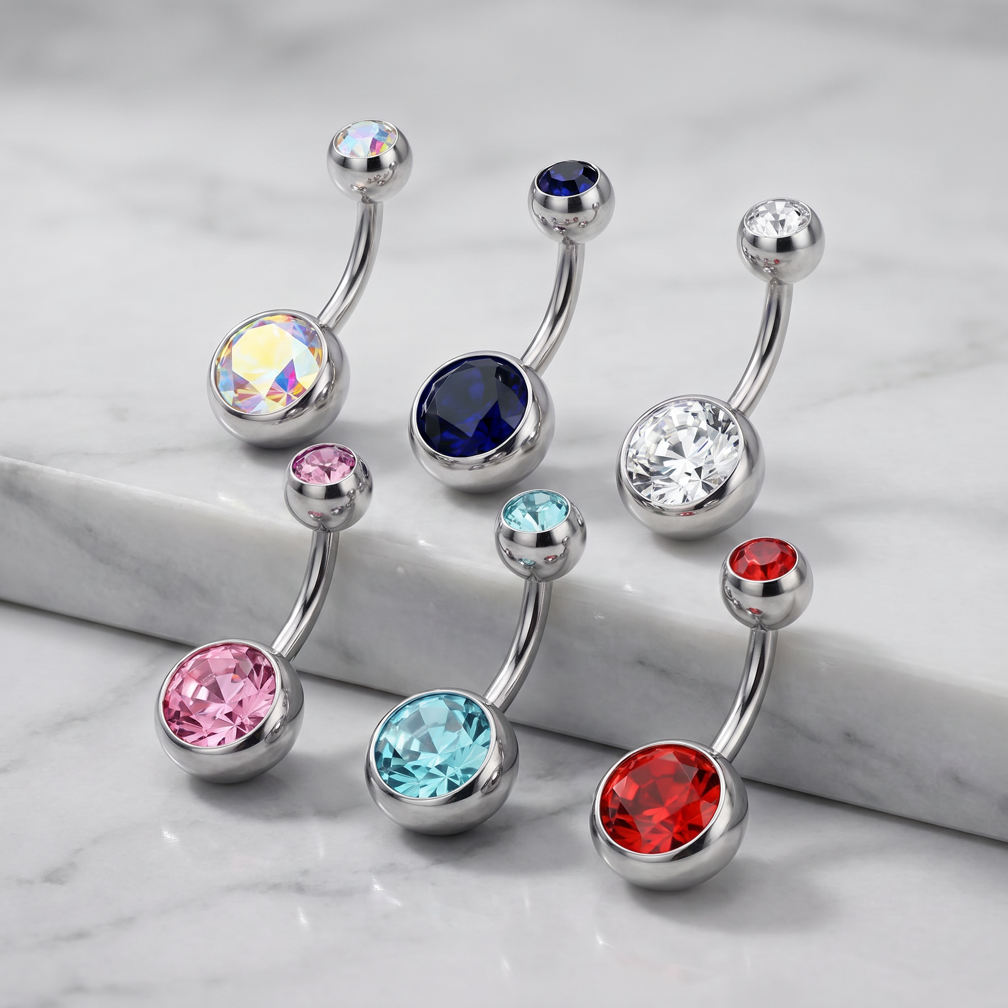 Multi Pack Of 6 Silver Double Crystal Belly Button Bars