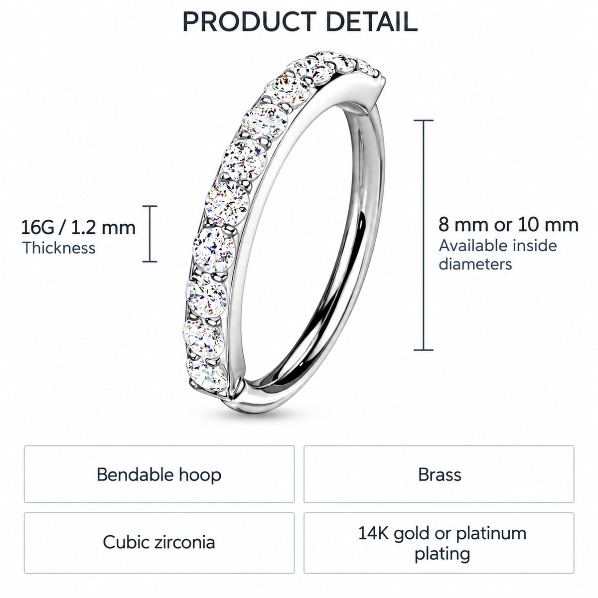 16 Gauge Brass Single Row Crystal Hoop For Nose & Ear