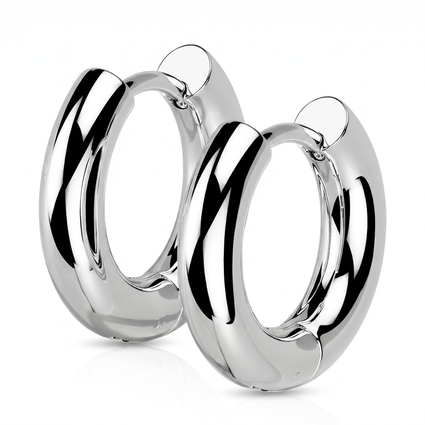 A pair of polished silver hoop earrings with a thick, rounded modern design and a high-shine reflective finish, shown on a clean white background.