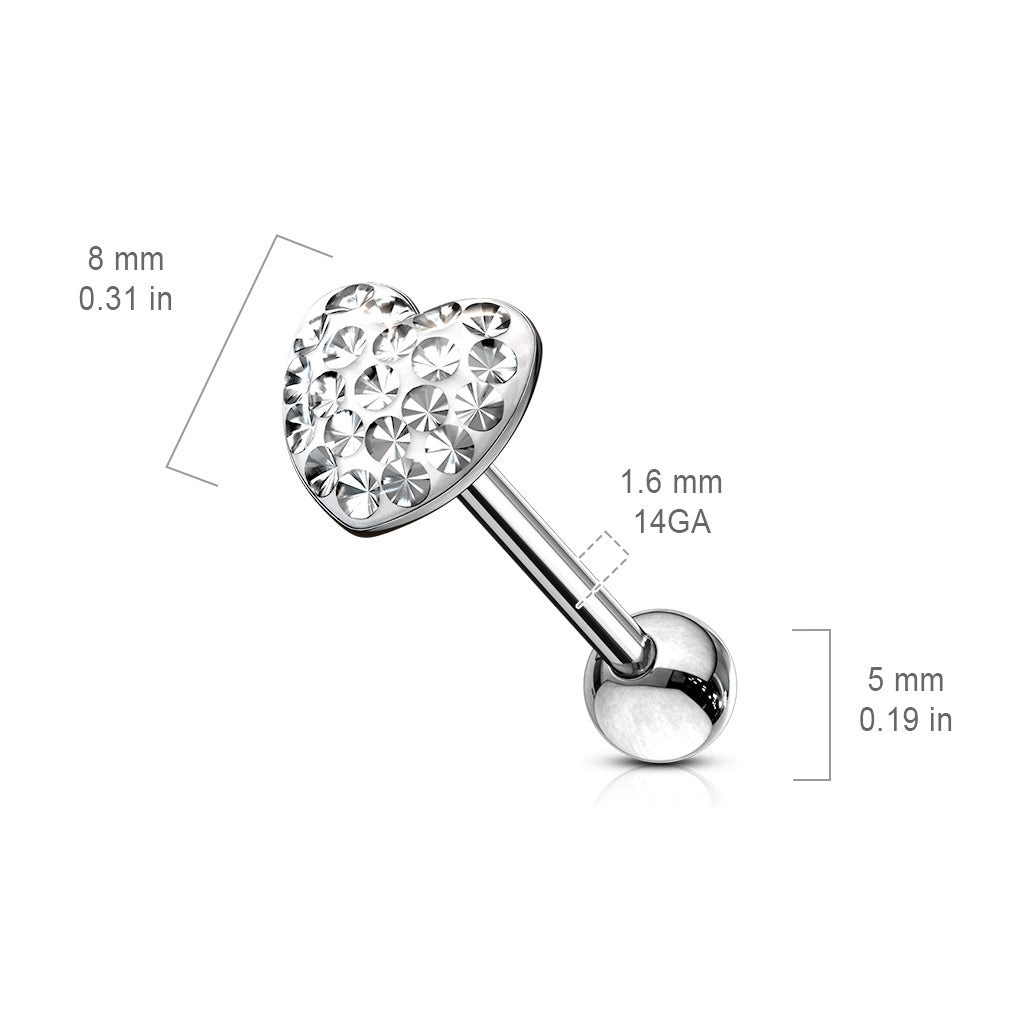 Cherry Diva Barbell 14 Gauge Crystal Heart Surgical Steel Tongue Bar