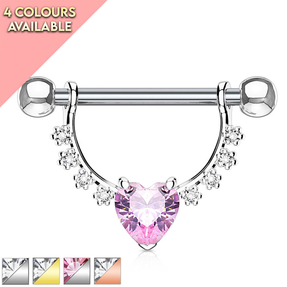 14 Gauge Dangling Crystal Heart Barbell Nipple Bar