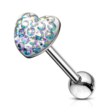 Cherry Diva Barbell Aurora 14 Gauge Crystal Heart Surgical Steel Tongue Bar