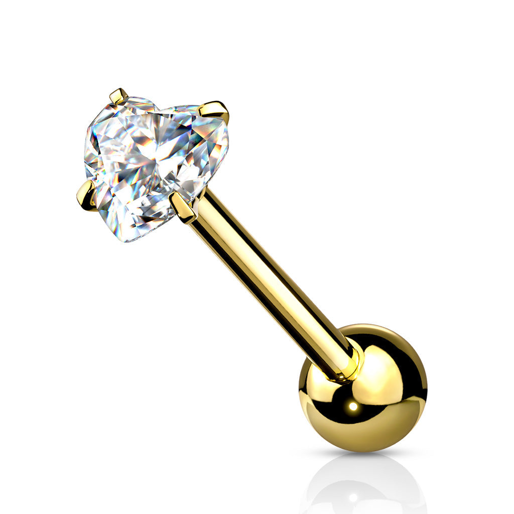 Cherry Diva Barbell Gold 14 Gauge Prong Set Crystal Heart Tongue Barbell