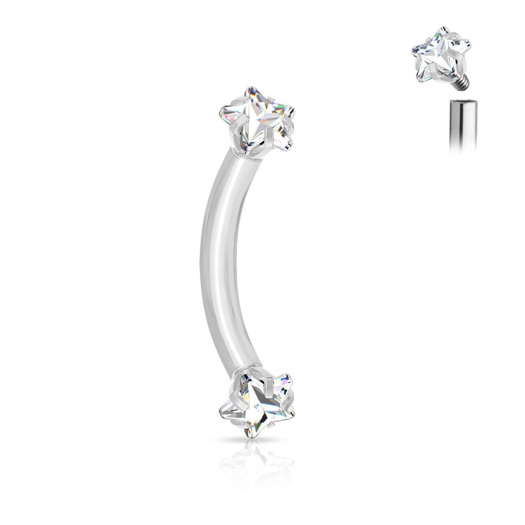Cherry Diva Eyebrow Bar SILVER 16 Gauge Prong Set Double Crystal Star Eyebrow Barbell