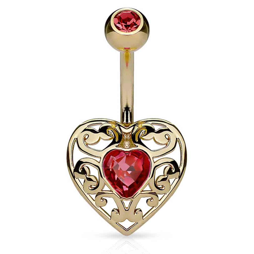 14 Gauge Ruby Crystal Heart Belly Bar