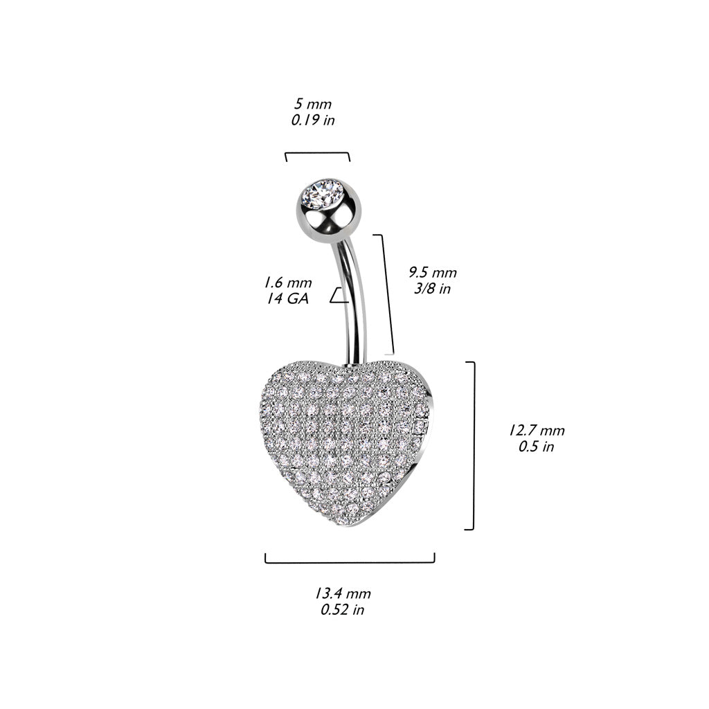 Cherry Diva belly bar 14 Gauge Crystal Paved Heart Belly Button Bar - Silver