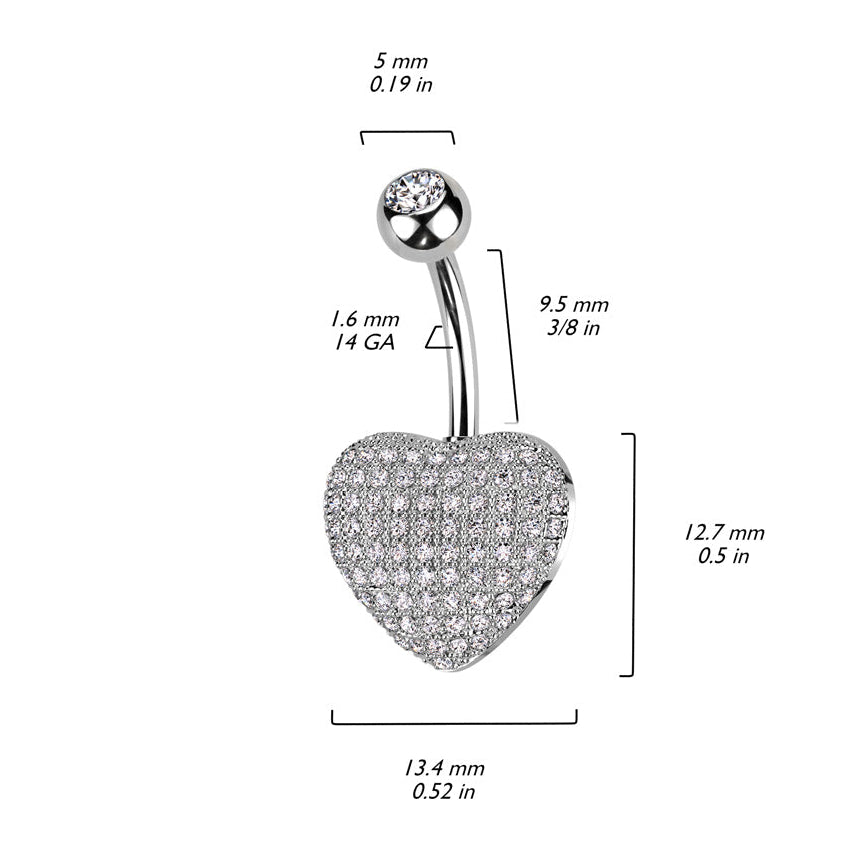 Cherry Diva belly bar 14 Gauge Crystal Paved Heart Belly Button Bar - Silver