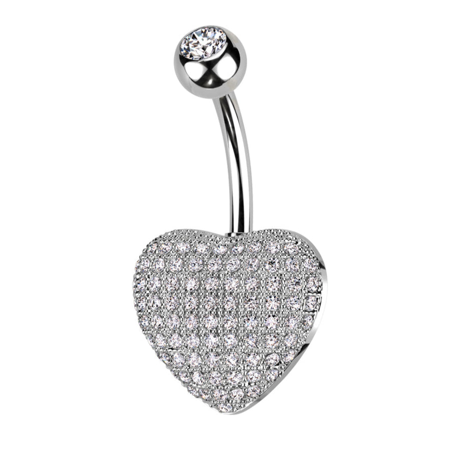 Cherry Diva belly bar 14 Gauge Crystal Paved Heart Belly Button Bar - Silver