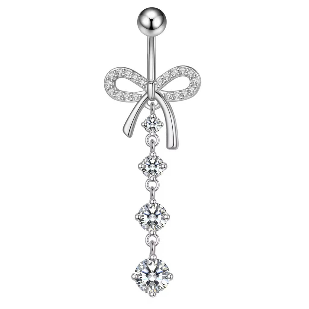 Cherry Diva Belly Bar 14 Gauge Dangling Crystal Bow Belly Button Bar
