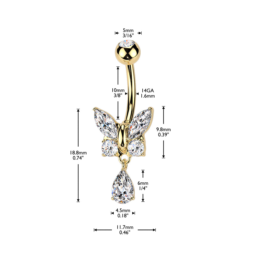 Cherry Diva Belly Bar 14 Gauge Dangling Crystal Butterfly Belly Button Bar