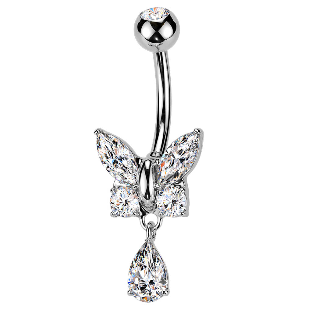 Cherry Diva Belly Bar 14 Gauge Dangling Crystal Butterfly Belly Button Bar
