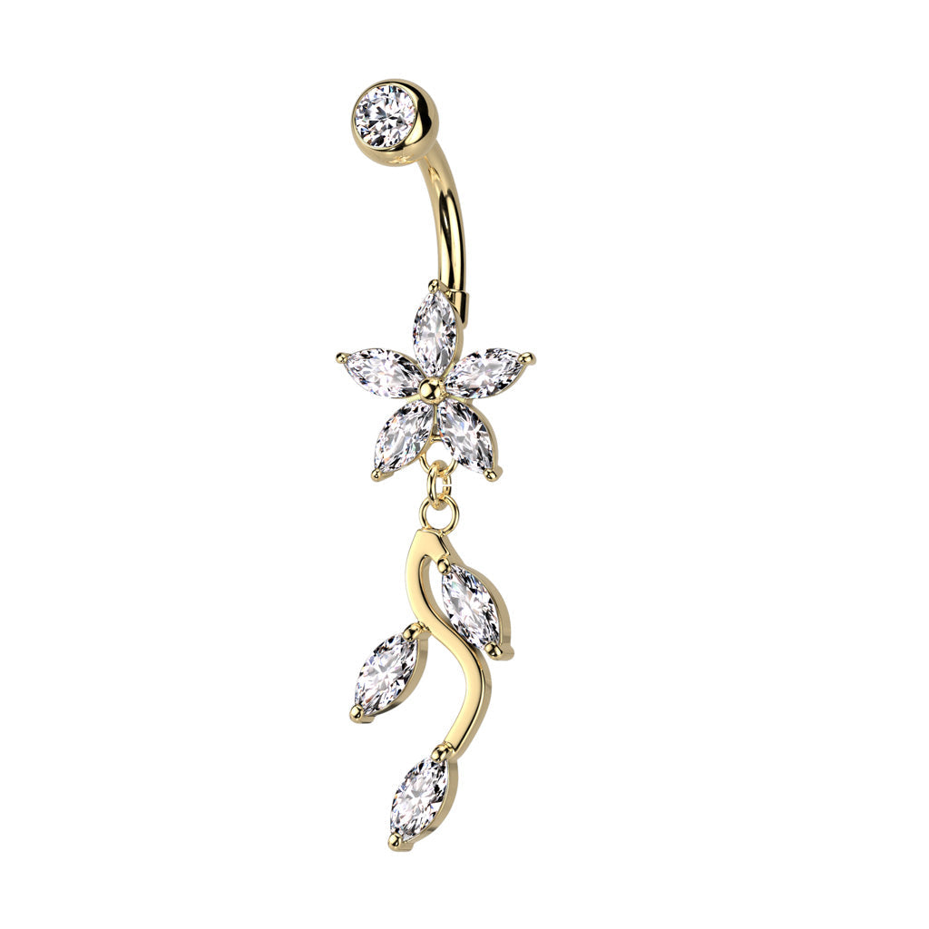 Cherry Diva belly bar 14 Gauge Dangling Crystal Flowers Belly Button Bar