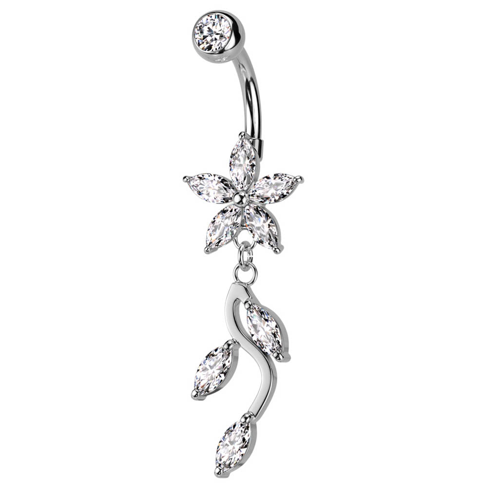 Cherry Diva belly bar 14 Gauge Dangling Crystal Flowers Belly Button Bar