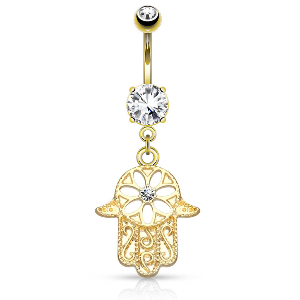 Cherry Diva Belly Bar 14 Gauge Dangling Crystal Hamsa Hand Belly Bar