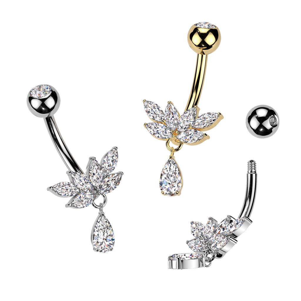 Cherry Diva Belly Bar 14 Gauge Dangling Crystal Titanium Belly Button Bar