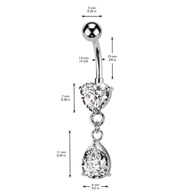 Cherry Diva belly bar 14 Gauge Dangling Silver Heart & Teardrop Belly Bar
