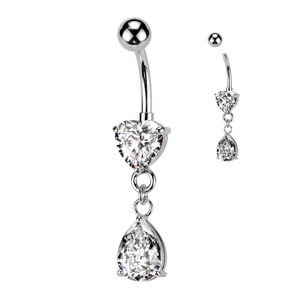 Cherry Diva belly bar 14 Gauge Dangling Silver Heart & Teardrop Belly Bar