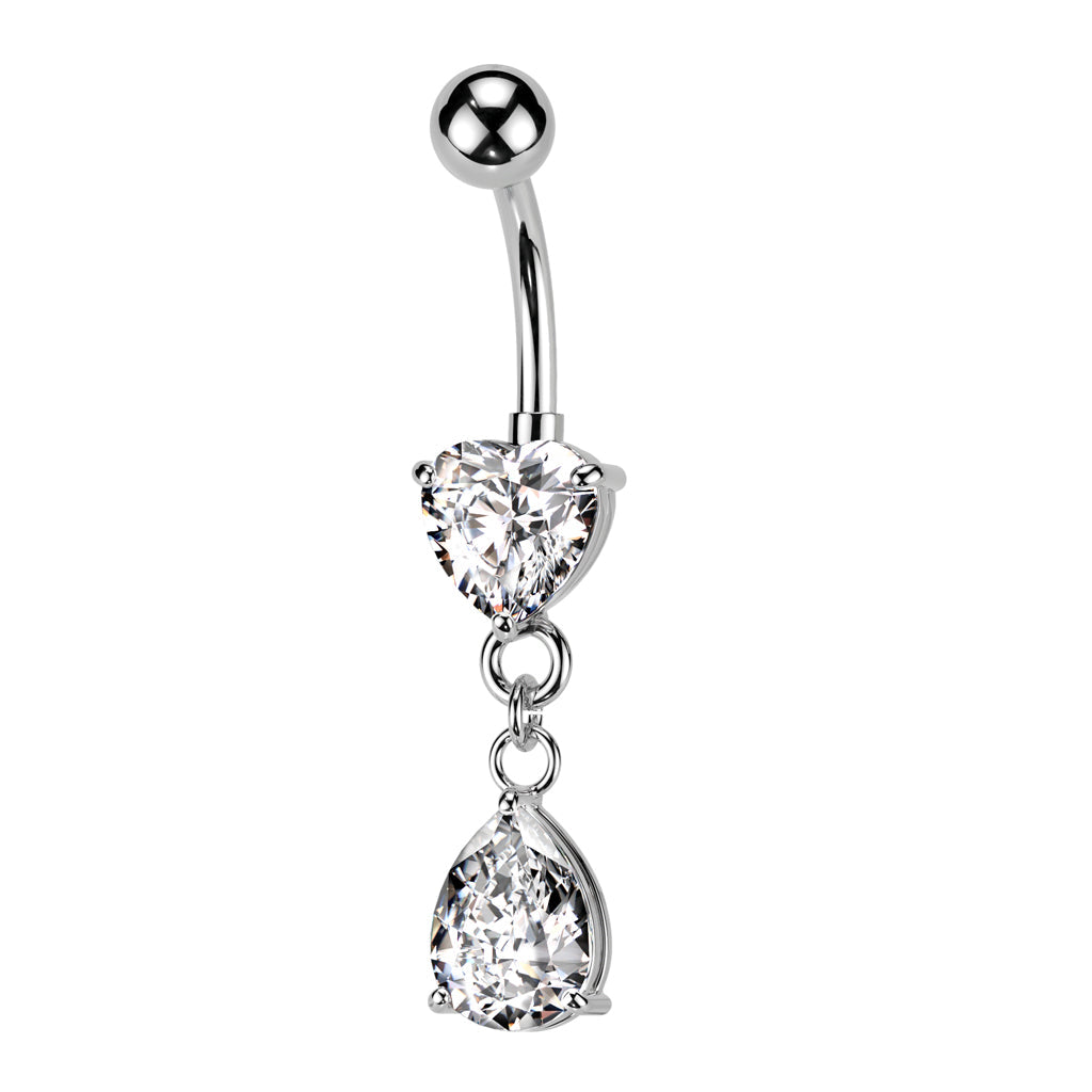Cherry Diva belly bar 14 Gauge Dangling Silver Heart & Teardrop Belly Bar