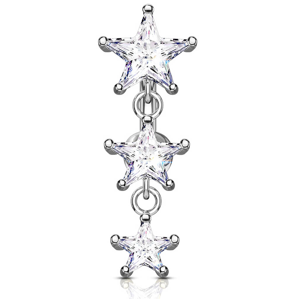 Cherry Diva belly bar 14 Gauge Dangling Triple Crystal Star Reverse Belly Button Bar