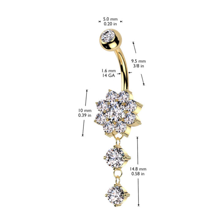 Cherry Diva belly bar 14 Gauge Double Dangling Crystal Flower Belly Bar - Silver