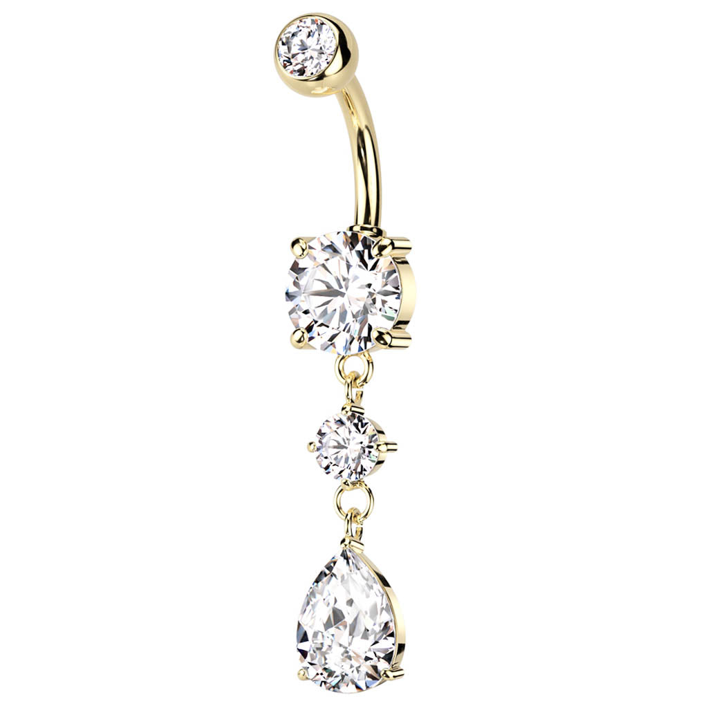Cherry Diva Belly Bar 14 Gauge Double Dangling Crystal Teardrop Belly Bar - Gold