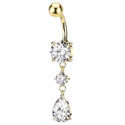 Cherry Diva Belly Bar 14 Gauge Double Dangling Crystal Teardrop Belly Bar - Gold