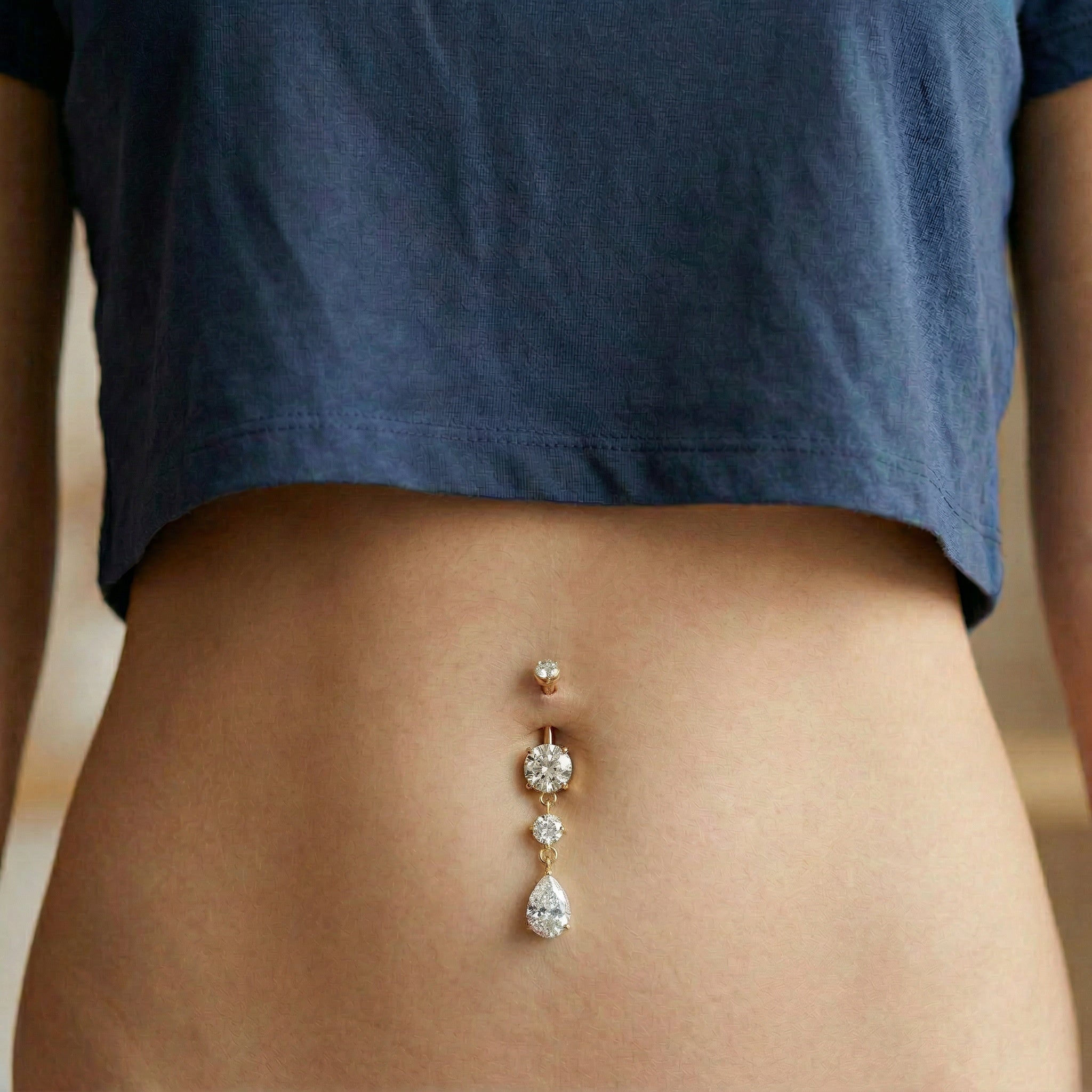 Cherry Diva Belly Bar 14 Gauge Double Dangling Crystal Teardrop Belly Bar - Gold