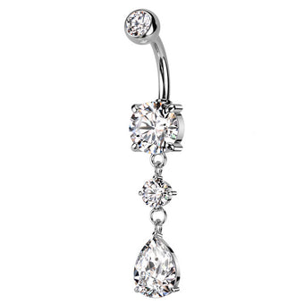 Cherry Diva belly bar 14 Gauge Double Dangling Crystal Teardrop Belly Bar - Silver